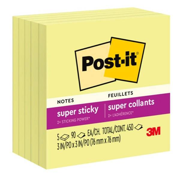 Post-It Super Sticky Notes, 3 in X 3 In, Canary Yellow, 5 Pads/Pack