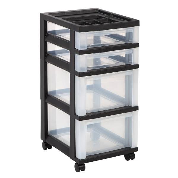 Office Depot Brand Plastic 4-drawer Storage Cart, 26 7/16" X 12 1/16" X 14 1/4", Black