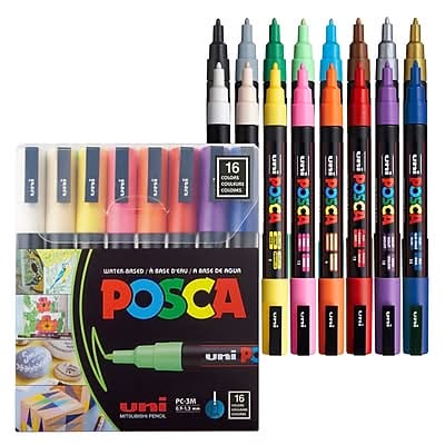 Uni POSCA PC-3M Water Based Marker, Medium Bullet Tip, Assorted Colors, 16/Pack (PC3M16C)