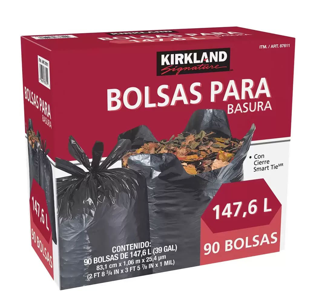 Kirkland Signature · Bolsas para basura con cierre smart tie 147.6 l, 83.1cm x 106cm x 25.4µm, negro (90 un)