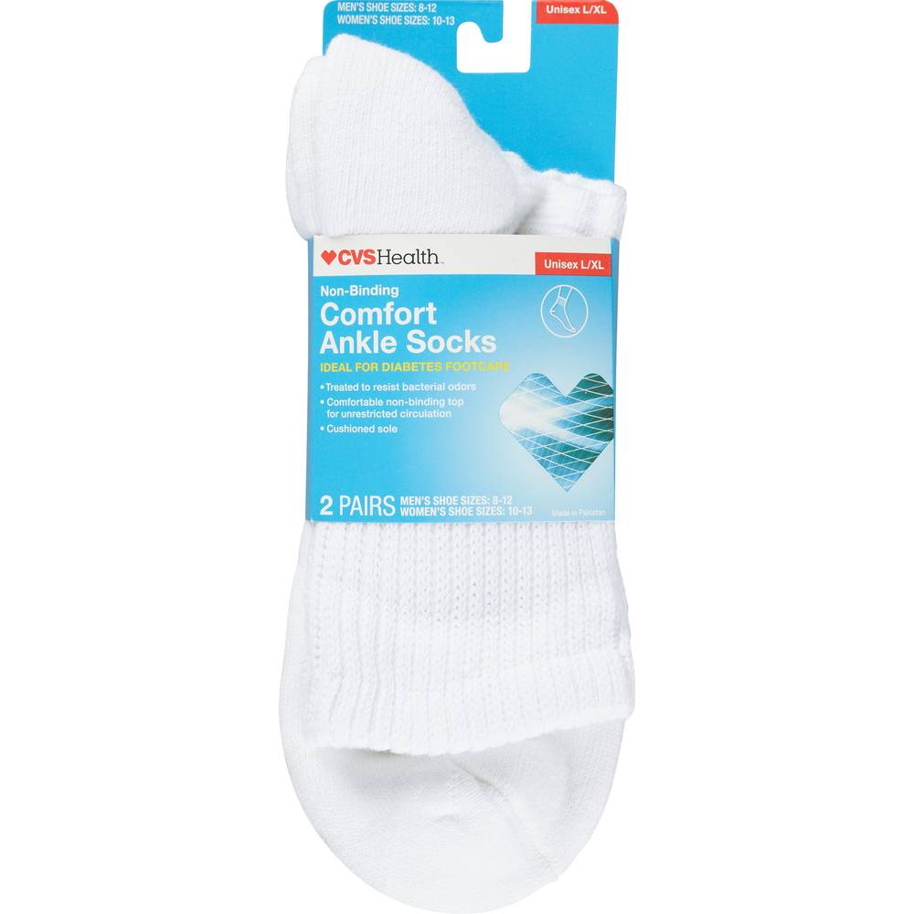 CVS Health Non-Binding Comfort Ankle Socks for Diabetics Unisex, 2 Pairs, L/XL, White