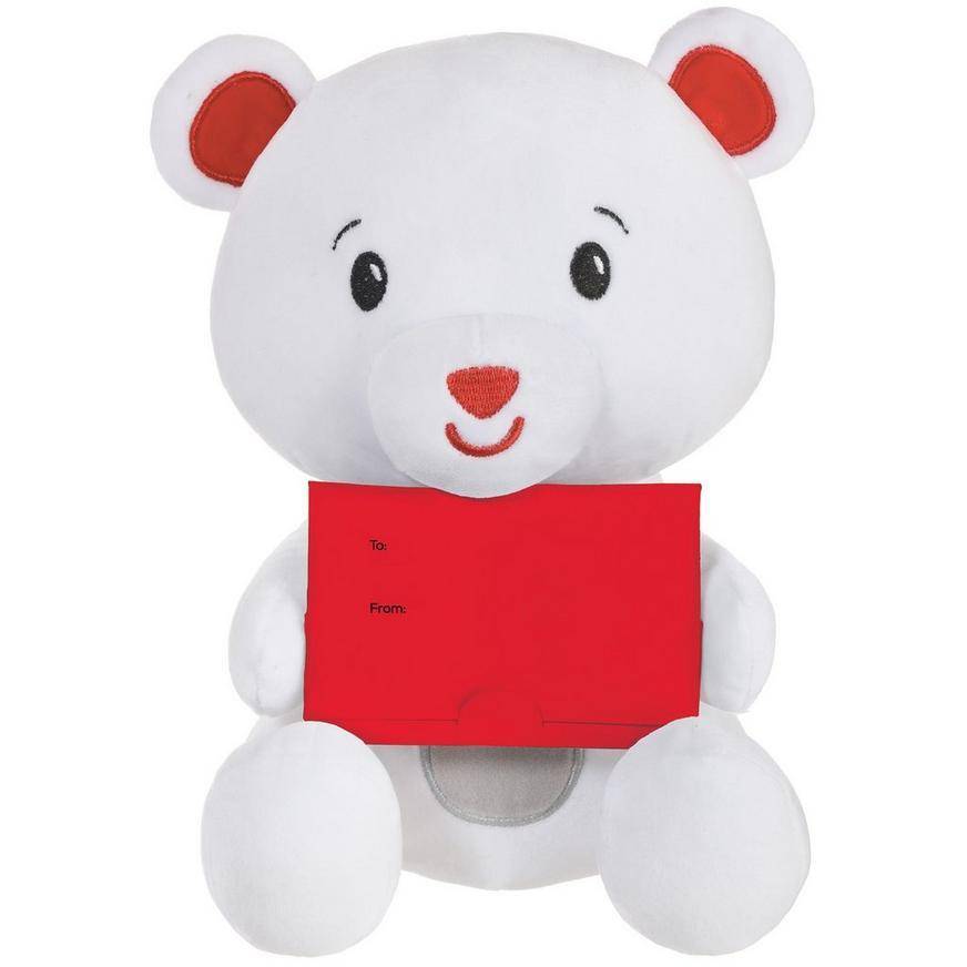 Plush Bear Balloon Weight With Gift Card Holder, White- Red