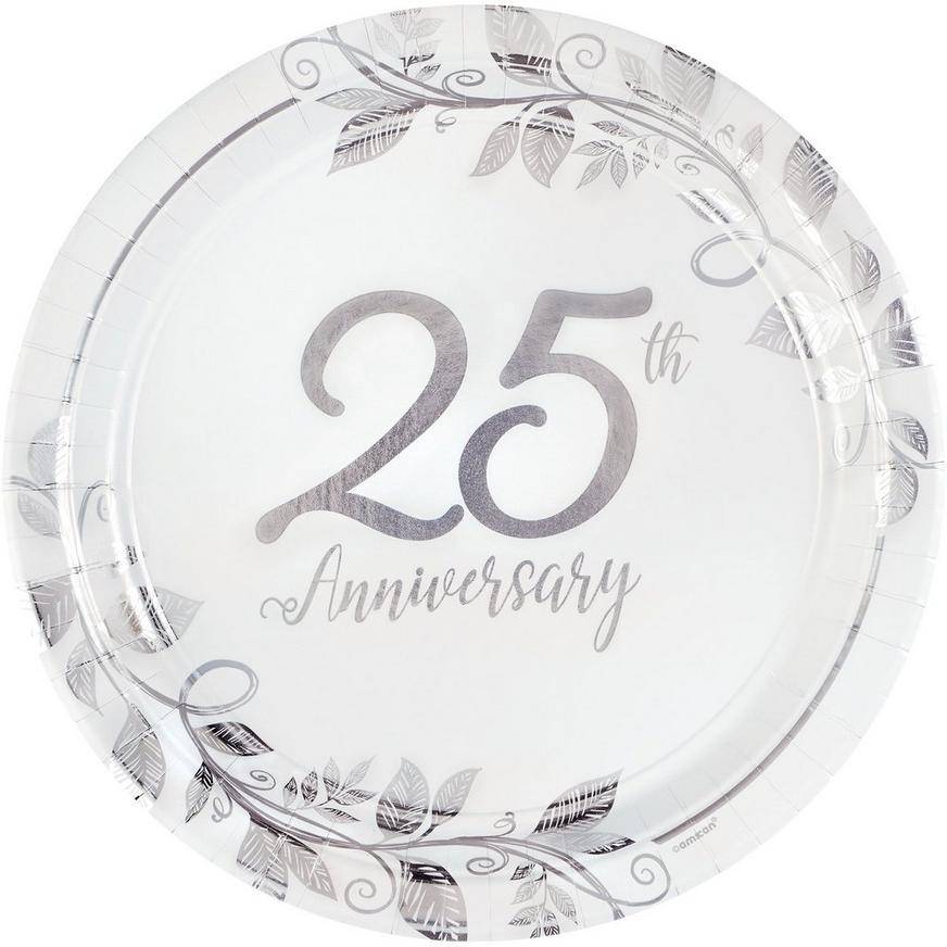 Metallic Silver Happy 25th Anniversary Paper Dinner Plates, 10.5in, 8ct