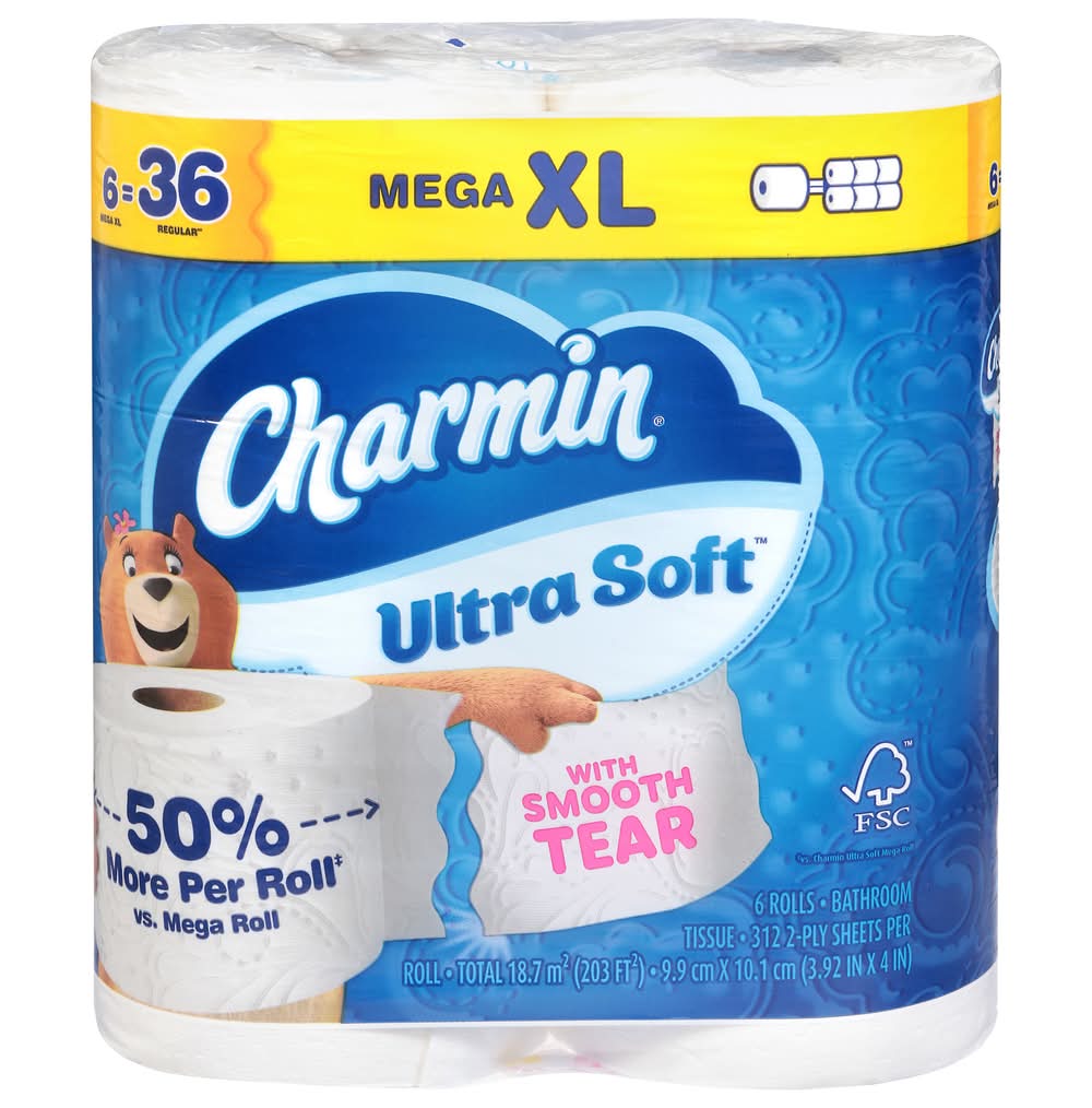 Charmin Ultra Soft 2-ply Rolls Bathroom Roll Tissue, XL - 9.9x10.1 in (6 ct)
