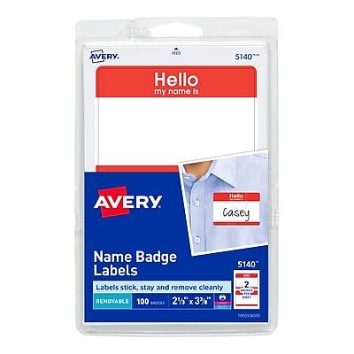 Avery Hello My Name Is Name Badge Labels, 2 1/3 x 3 3/8, White with Red Hello, 100 Labels Per Pack (5140)