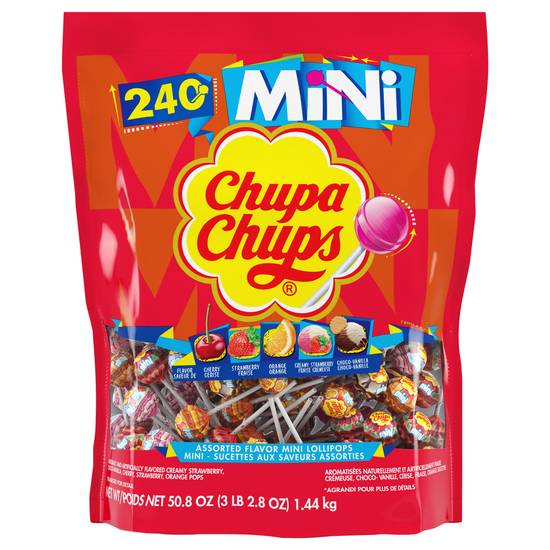 Chupa Chups Mini Classic Assorted Creamy and Fruit Flavors Bag Of Lollipops (240 ct) (cherry-strawberry-orange-creamy strawberry-choco-vanilla)