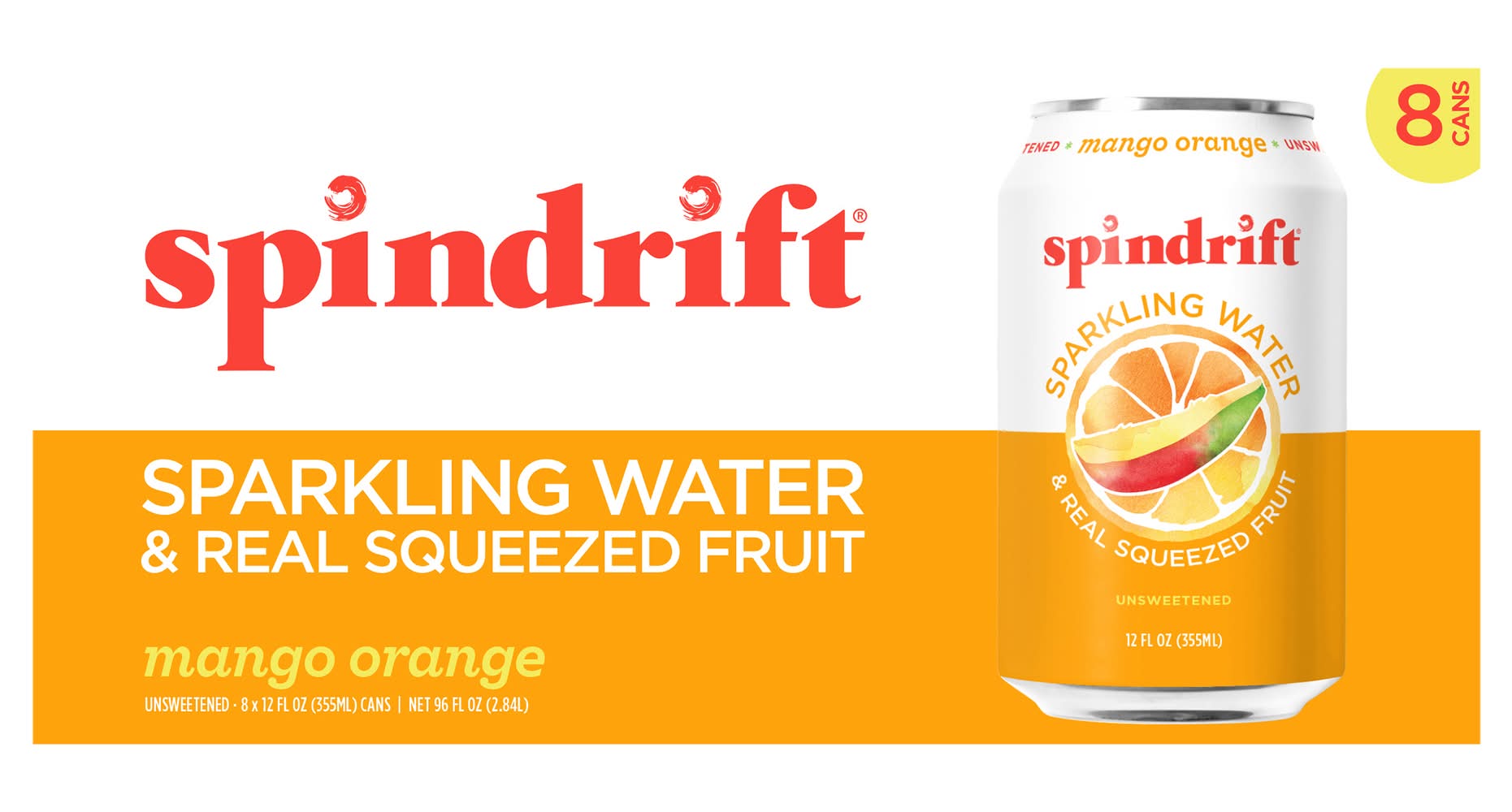 Spindrift Sparkling Water & Real Squeezed Fruit Drink, Mango Orange (8 x 12 fl oz)