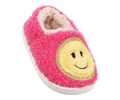 Toddler M Bright Pink Smiley Face Sherpa Slippers