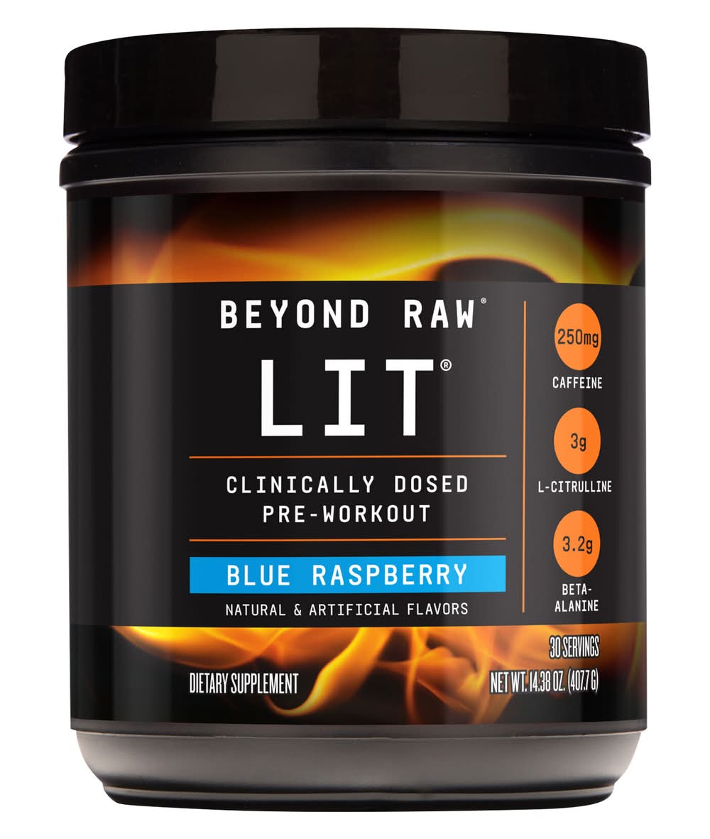 Beyond Raw Lit Clinically Dosed Pre-Workout Powder, Blue Raspberry (14.38 oz)