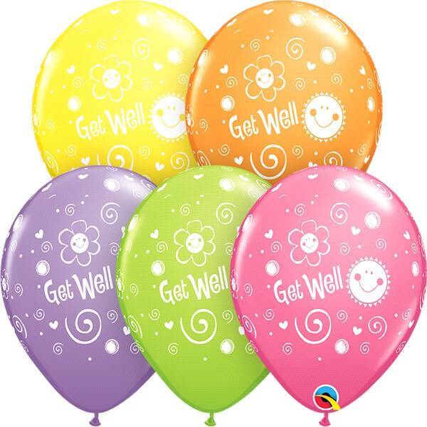 Get Well Imprint Latex Helium Balloon With Sun & Flowers, Assorted Colors (11'')
