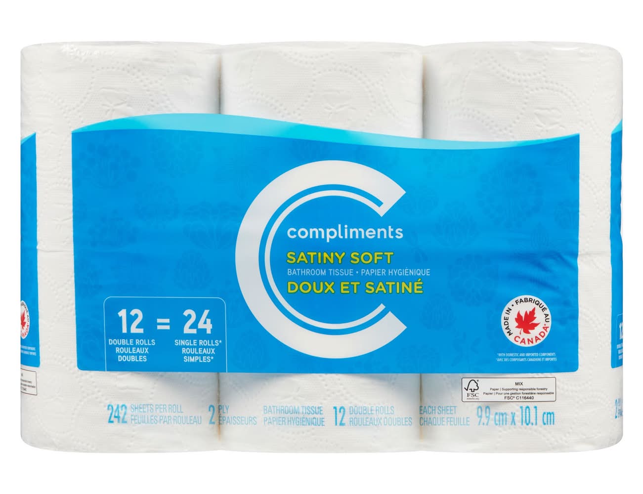 Compliments 2 Ply Satiny Soft Bathroom Tissues, 9.9x10.1 cm (12 ct)