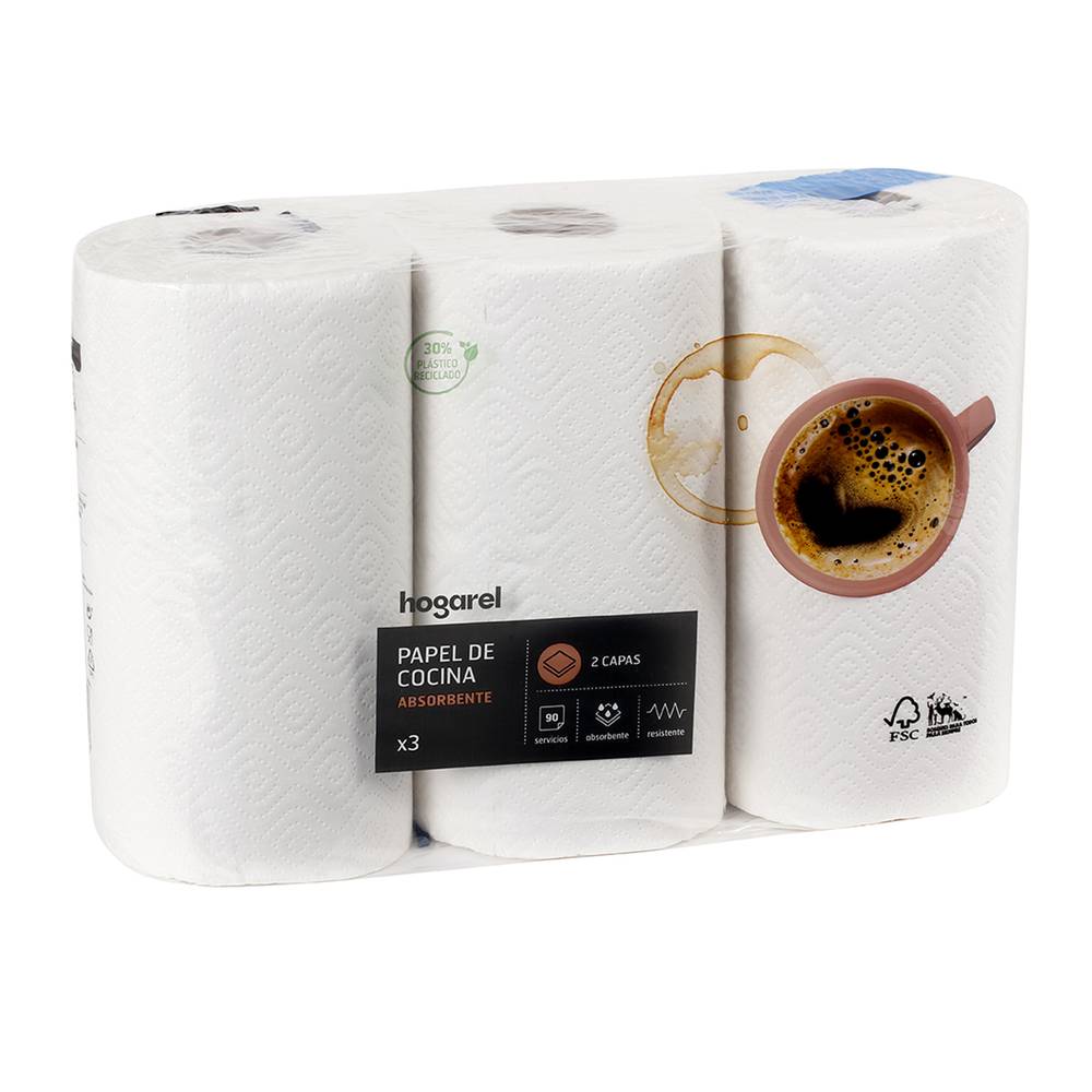 Papel de cocina absorbente 2 capas HOGAREL 3 uds