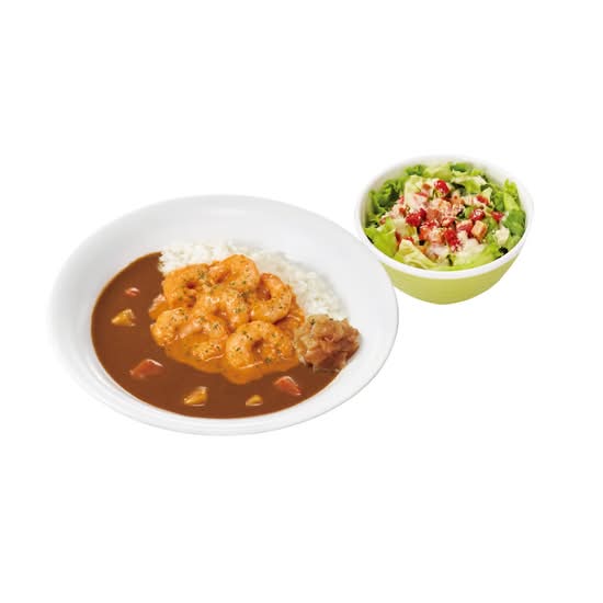 ぷりぷりエビのビスクソースカレー & シーザーサラダ  Pork Curry Rice w/ Shrimp & Bisque Sauce &