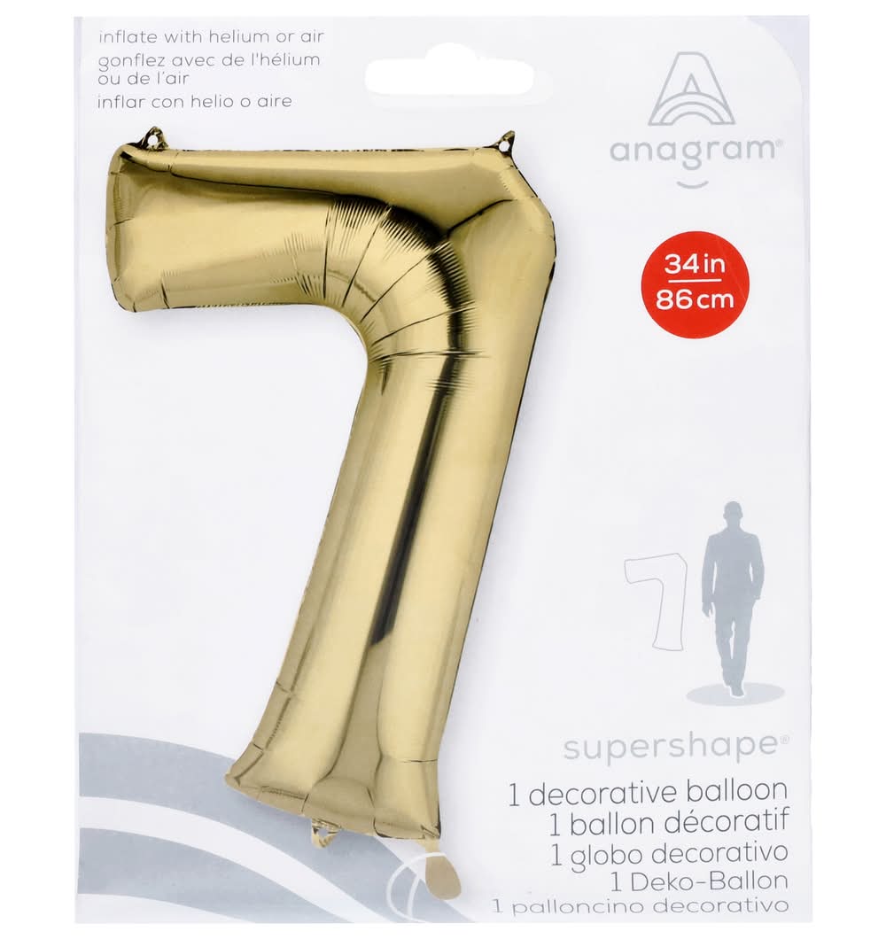 Anagram Number 7 Foil Mylar Party Uninflated Balloon, 34 in, Gold