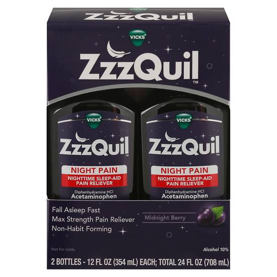 Vicks Zzzquil Nighttime Pain Relief Sleep Aid Liquid, 2 Bottles Of 12 fl Oz, Total 24 fl Oz, Max Strength Pain Reliever, Non-Habit Forming (12 fl oz, 24 fl oz)