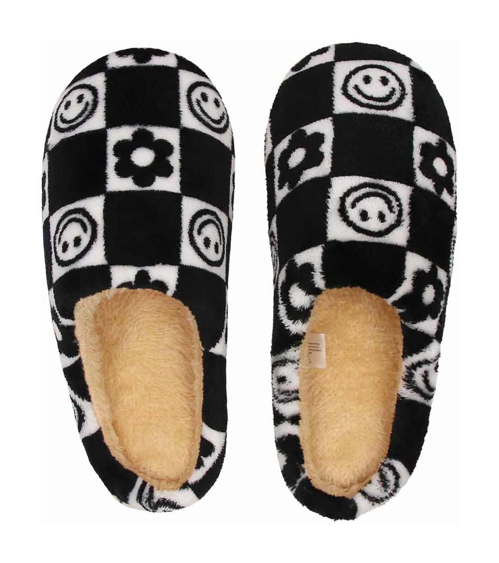 Checkerboard Print Slippers, M, Black & White