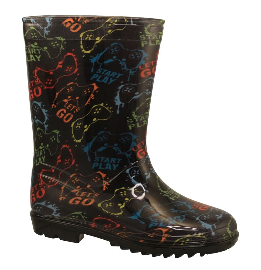 SURVIVAL GEAR Boys' Printed Rain Boots (4, Black MX1)