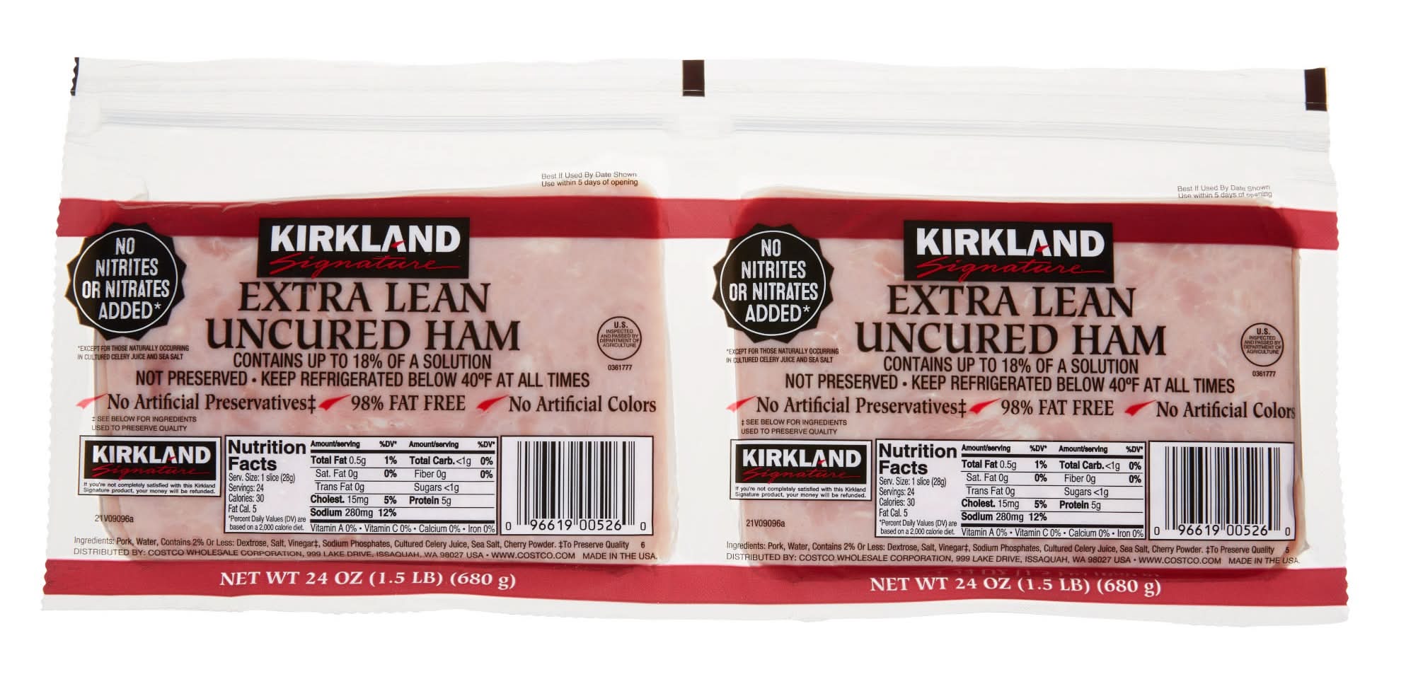 Kirkland Signature Extra Lean Uncured Ham (2 x 24 oz)