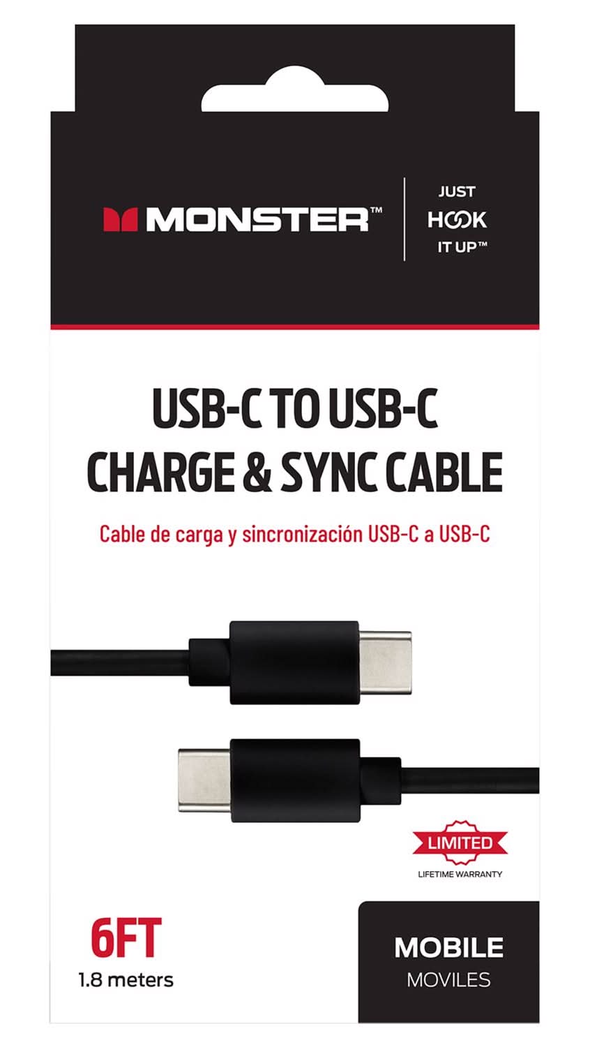 Monster Just Hook It Up Type C To Type C Charge And Sync Cable 6 Ft. Black
