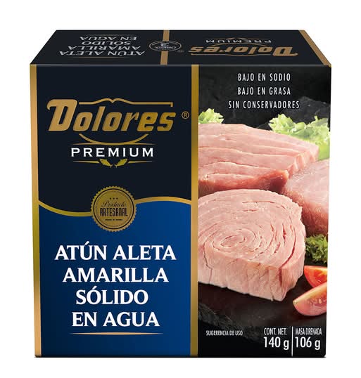 Dolores · Premium lomo sólido de atún aleta amarilla en agua (140 g)