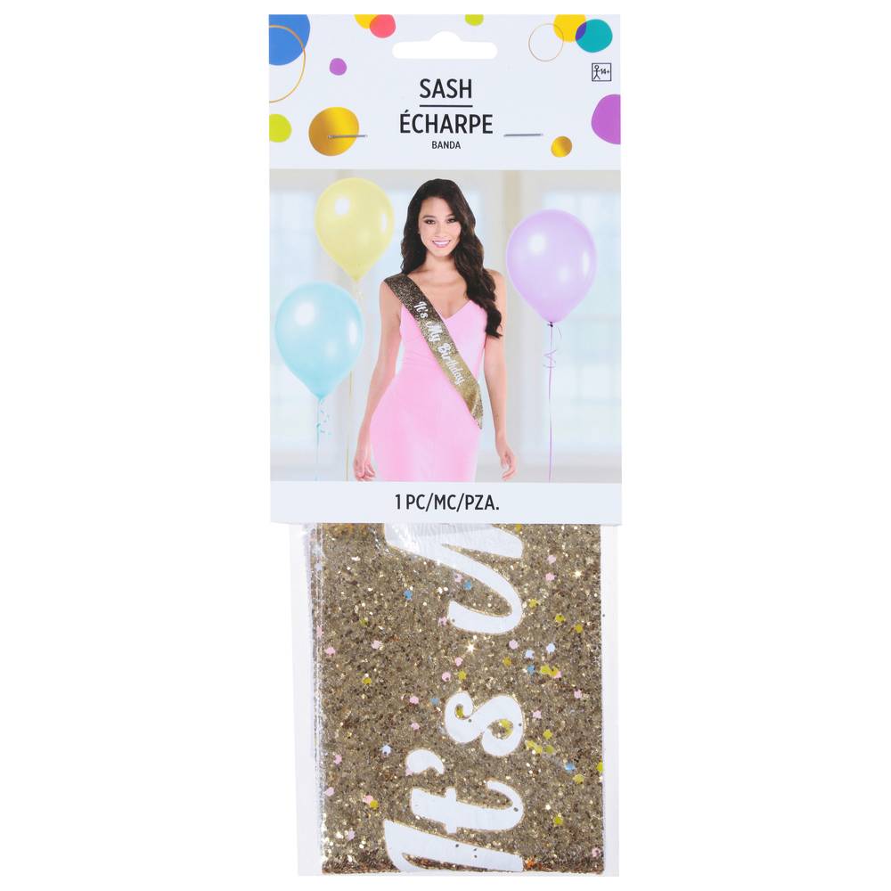 Party City Glitter Gold It's My Birthday Fabric Sash, 60 in, Multi