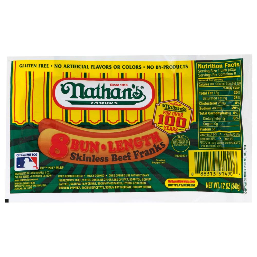 Nathan's Famous Bun Length Skinless Beef Franks (12 oz, 8 ct)