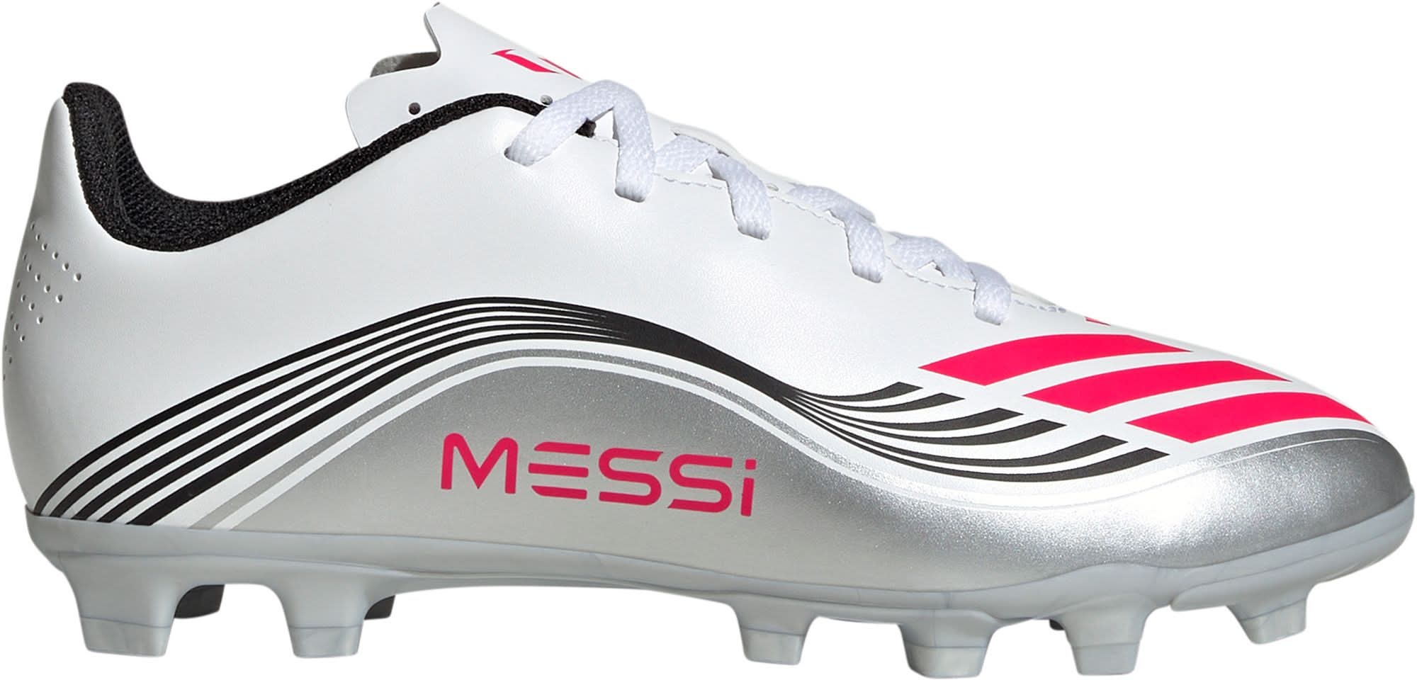 adidas Kids' F50 Club Messi FxG Soccer Cleats (White/Red, 3.0)