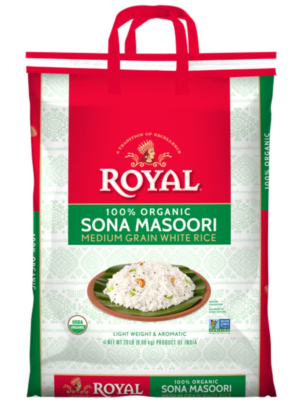 Royal 100% Organic Sona Masoori Medium Grain White Rice (20 lbs)