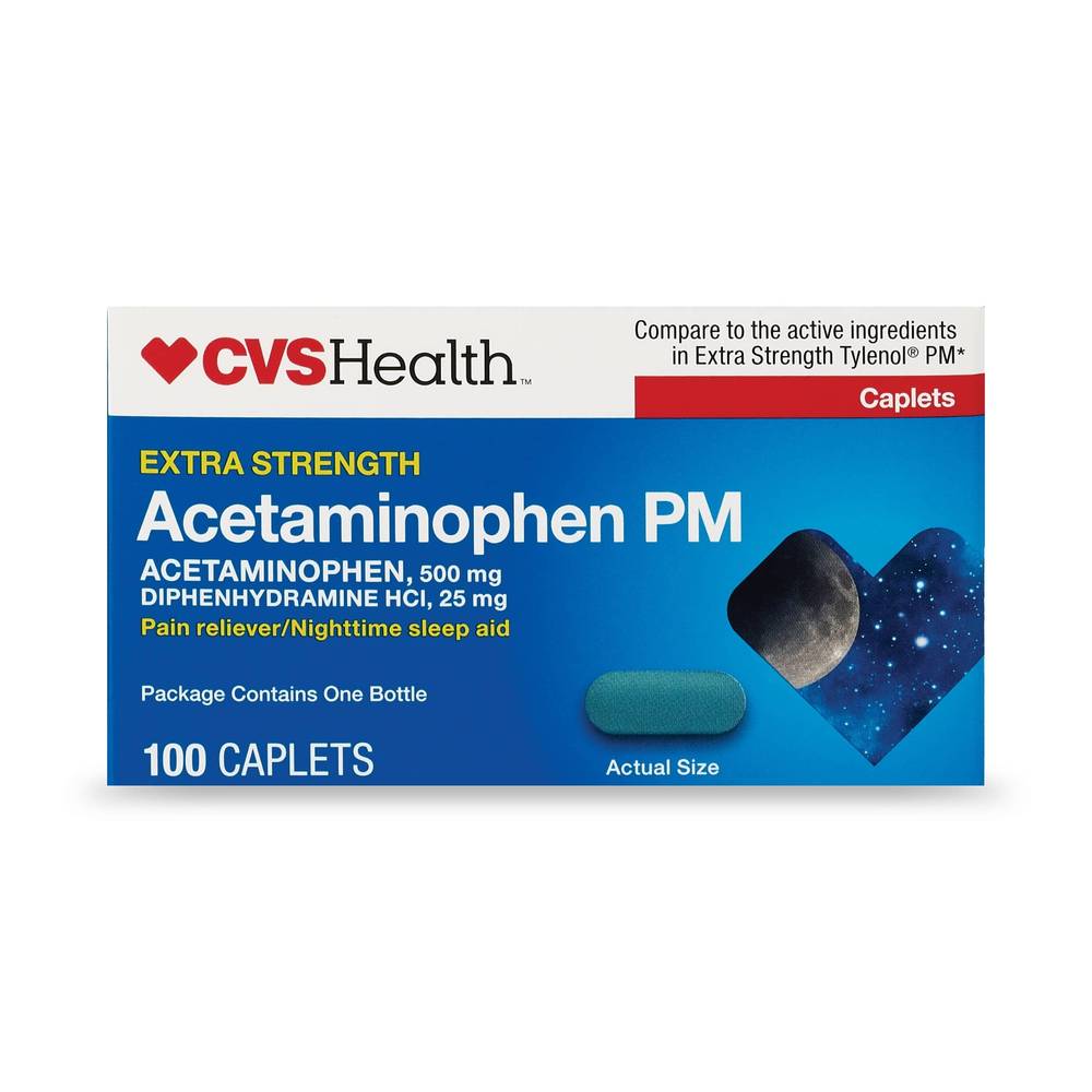 CVS Health Extra Strength Acetaminophen PM Pain Reliever/Nighttime Sleep Aid Caplets, 100 CT