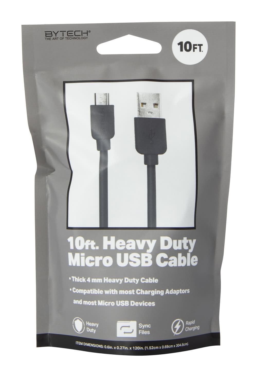 Bytech Heavy Duty Micro-Usb Cable, 10 ft, Black