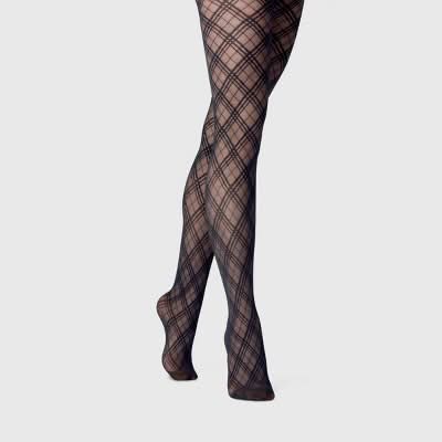A New Day High Waisted Bias Plaid Tights, Women, 1X-2X, Black