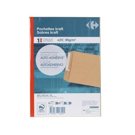 Pochette  kraft x25 - 22,9 x 32,4 cm CARREFOUR - le paquet de 25 pochettes