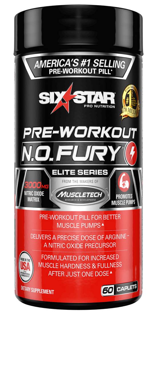 Six Star Elite Series N.O. Fury Pre Workout Pills Nitric Oxide & L Arginine Booster (60 ct)