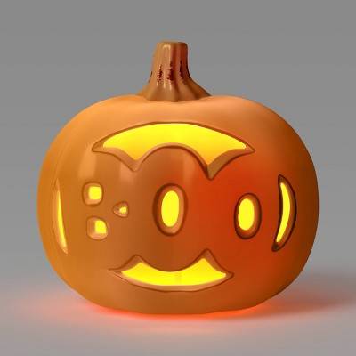 10" Light Up Pumpkin with Timer Halloween Decorative Prop 'Boo' - Hyde & EEK! Boutique™: Indoor/Sheltered Outdoor Use