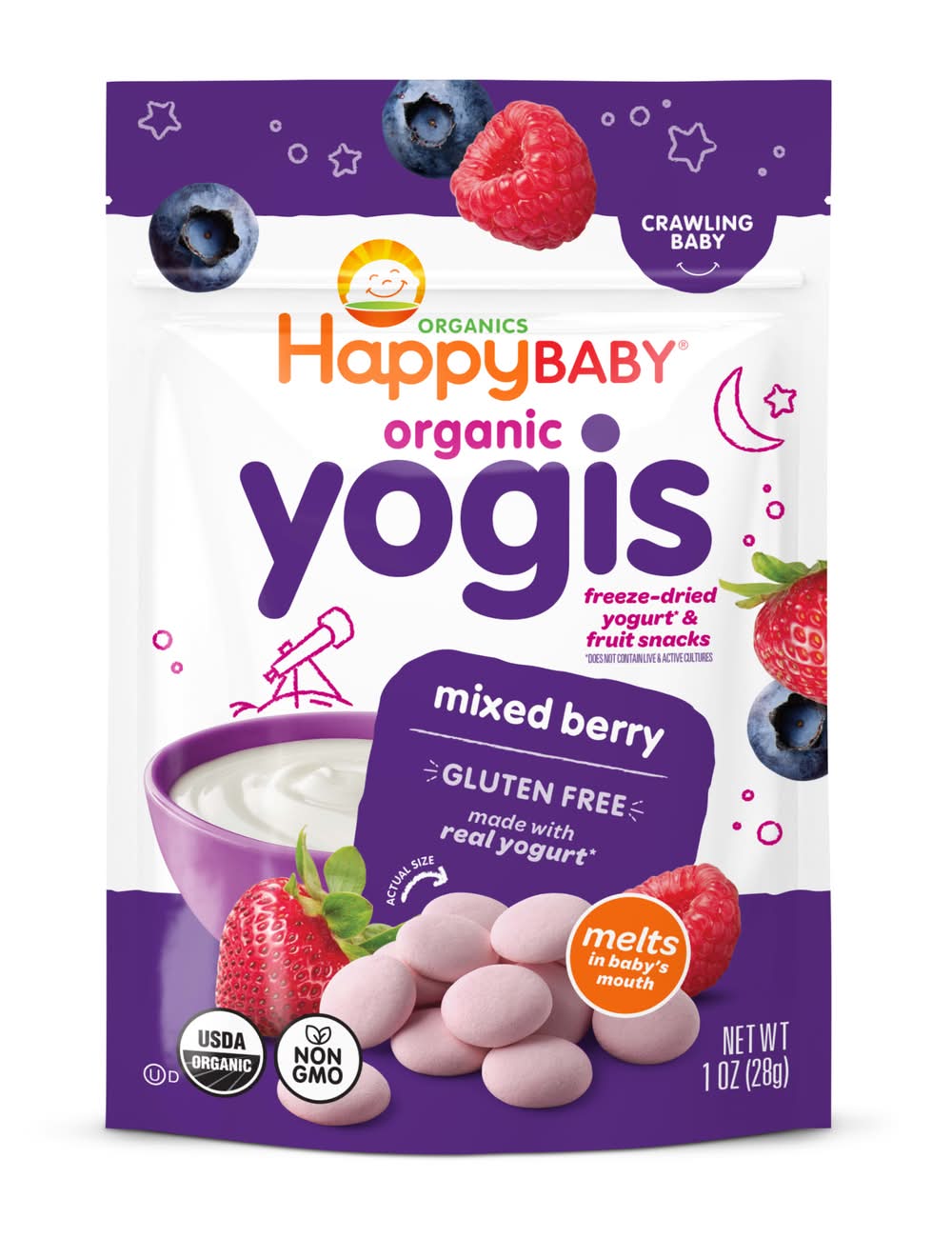 Happy Baby Gluten Free Organic Yogis Freeze-Dried Yogurt & Fruit Snacks, Mixed Berry (4 oz)