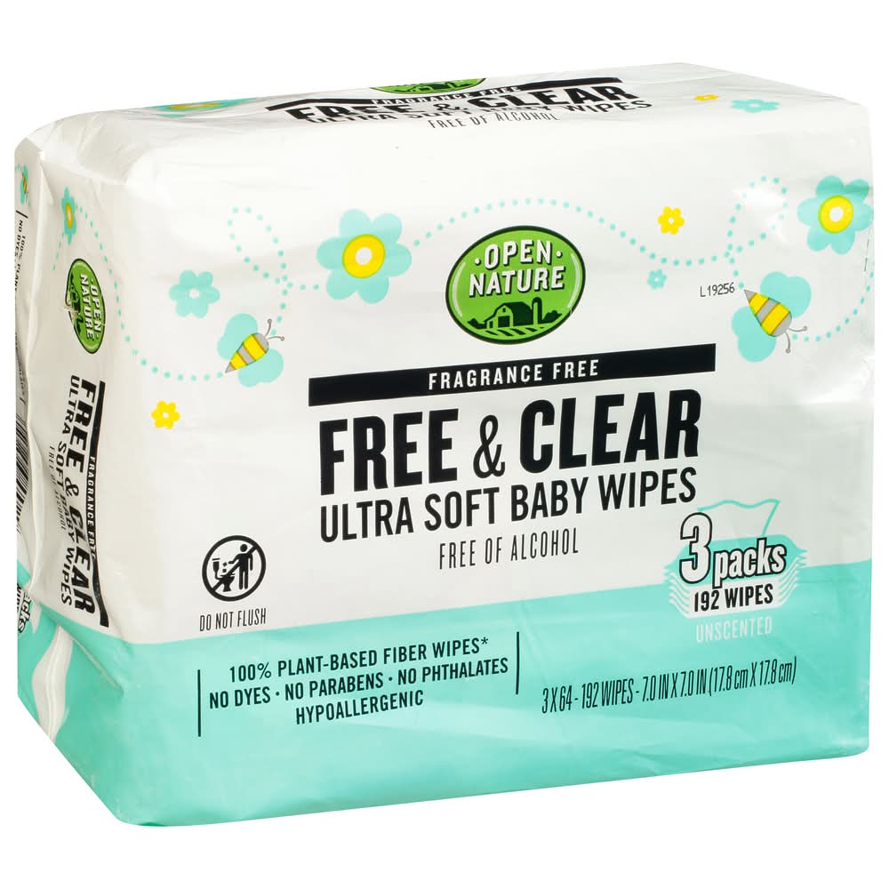 Open Nature Free & Clear Ultra Soft Baby Wipes, 7.0x7.0 in (3 x 64 ct)