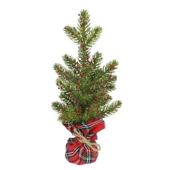 12" Berry Pine Tree In Plaid Burlap Base By Ashland