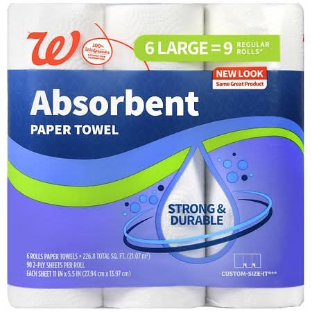 Walgreens Absorbent Paper Towels Large Roll, 11x5.5 in (6 x 90 ct)