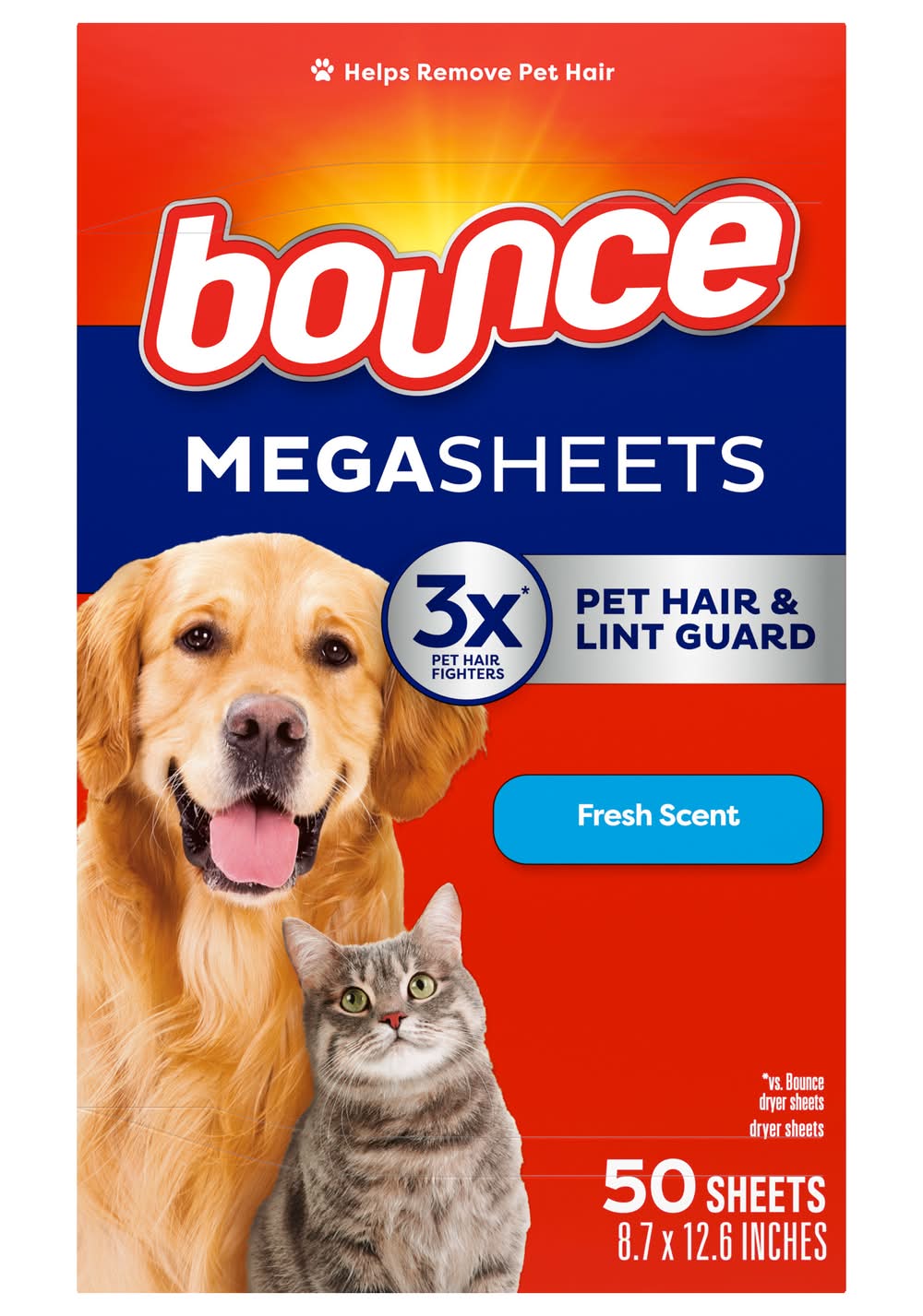 Bounce Pet Hair & Lint Guard Mega Dryer Sheets, Fresh, 8.7x12.6 in (50 ct)