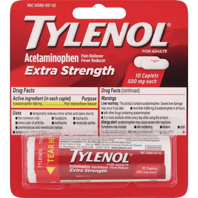 Tylenol Extra Strength Acetaminophen Pain Reliever & Fever Reducer 500 mg Caplets For Adults (10 ct)