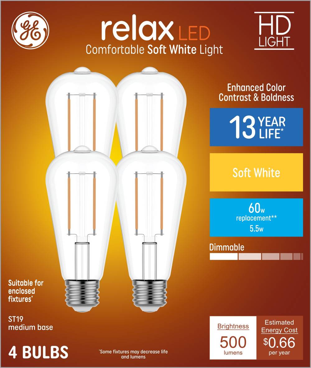 GE Relax HD 60-Watt EQ ST19 Soft White Medium Base (e-26) Dimmable LED Decorative Light Bulb (4-Pack) | 93130220