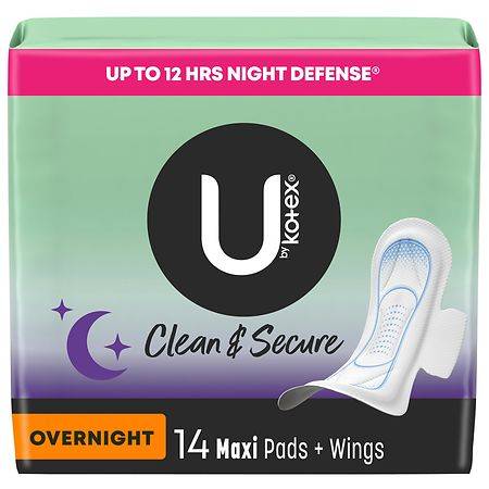 U by Kotex Clean & Secure Overnight Maxi Pads with Wings Unscented - 14.0 ea