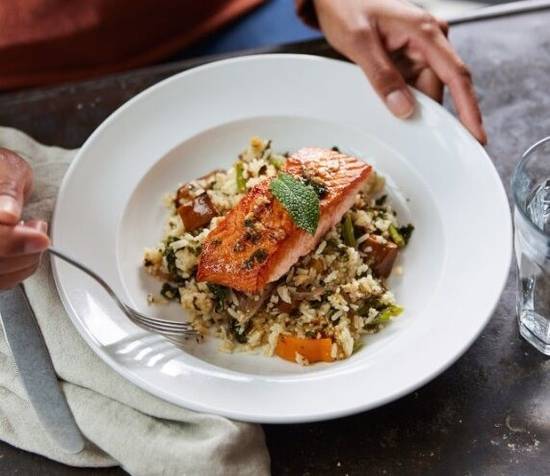 Roasted Salmon Winter Vegetable Rice Bowl