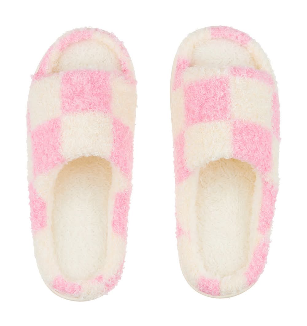 Women'S Fuzzy Pink And White Checkboard Slippers