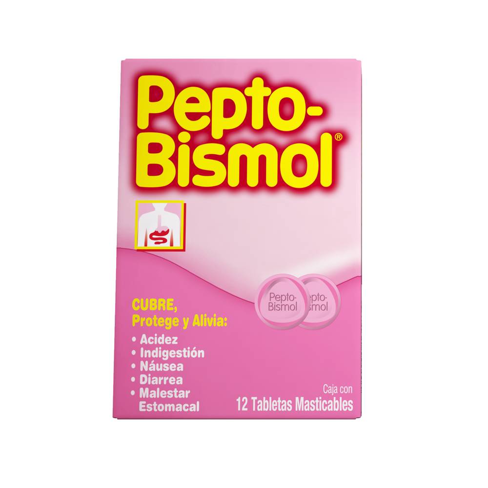 Pepto-bismol antidiarreico tabletas masticables (12 piezas)