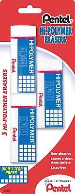Pentel Hi-Polymer Latex Free Block Eraser, White, 3/Pack (ZEH10BP3)