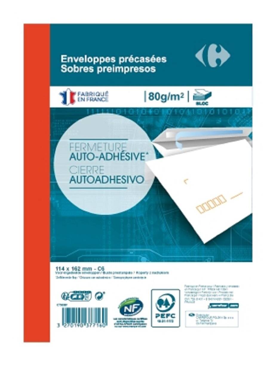Carrefour - Enveloppe précasée auto adhésive, 11,4x16,2cm (25)