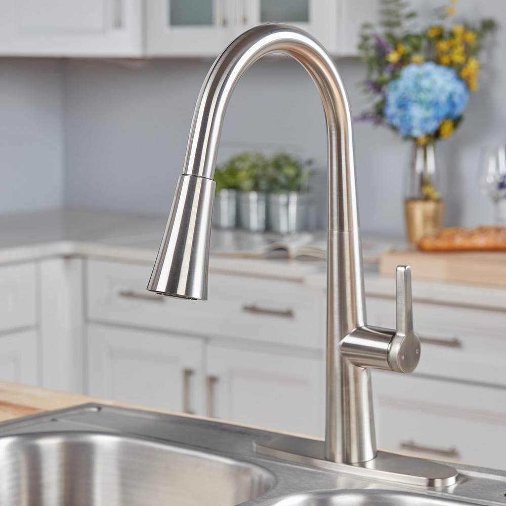 allen + roth Bryton Stainless Steel Single Handle Pull-down Kitchen Faucet with Sprayer (Deck Plate Included) | 21-K131HSS-AR