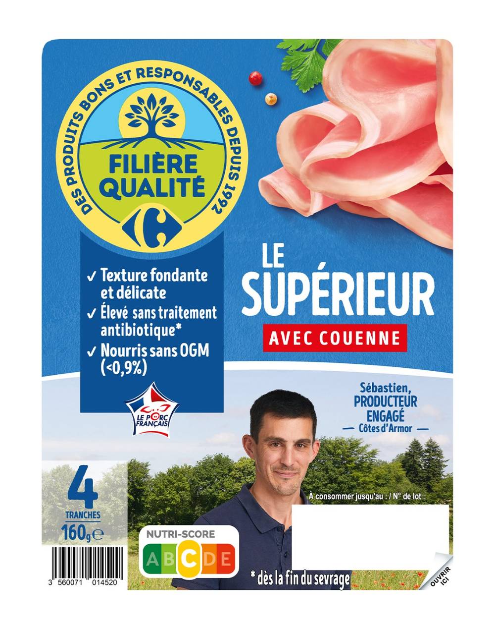 Carrefour Extra - Jambon le supérieur avec couenne (160g)