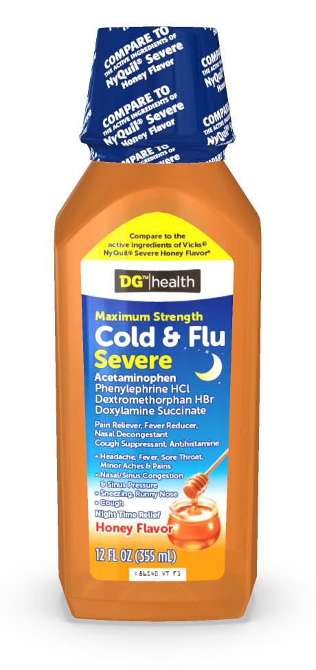 DG Health Maximum Strength Cold & Flu Night Time Severe Relief, Honey (12 fl oz)